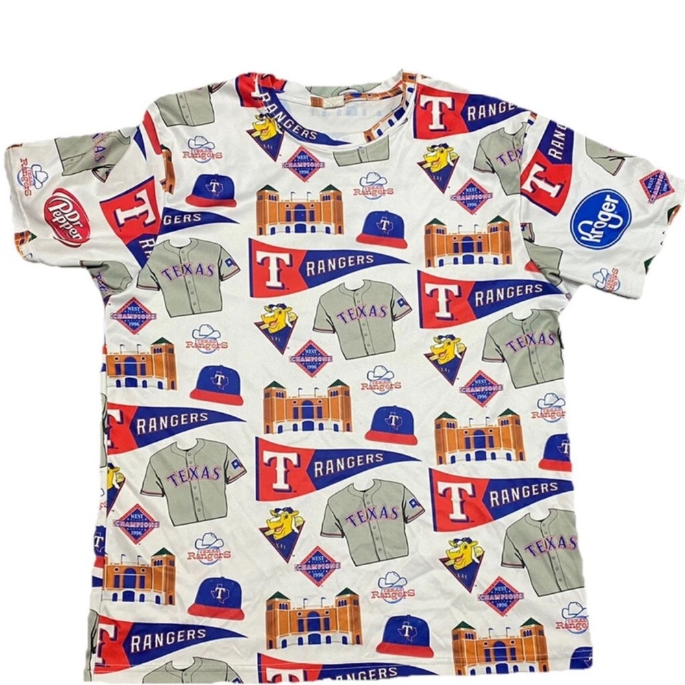 White Multi-color Texas Rangers MLB All Over Print Tshirt Polyester Fits Adult M